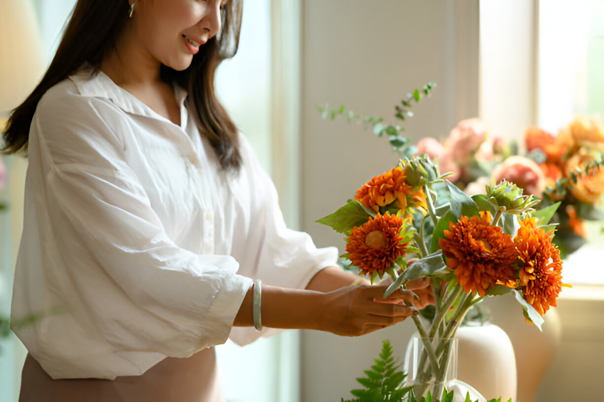 florist holding arrangement of yellow and orange flowers